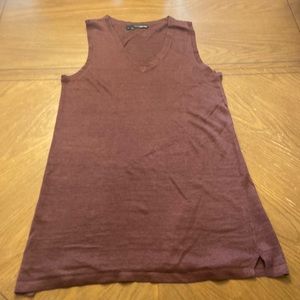 100% Linen Italian Knit Shift Sweater Dress V-Neck Sleeveless Merlot Red Small
